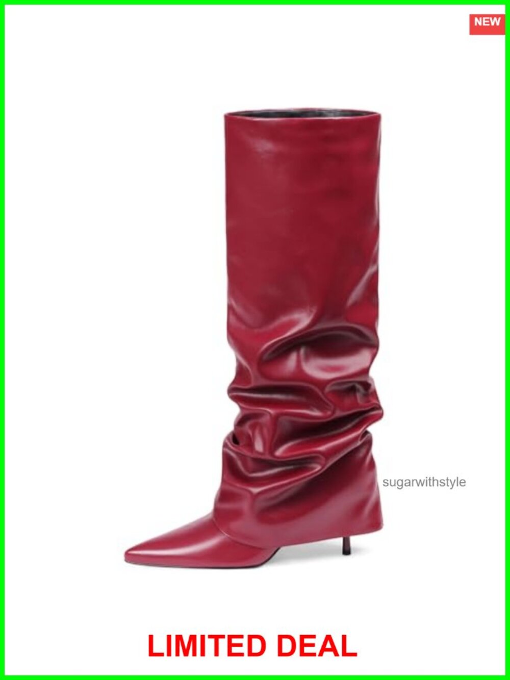 Wide Calf Knee High Boots Faux Leather Stiletto Heel Fold Over Slouchy